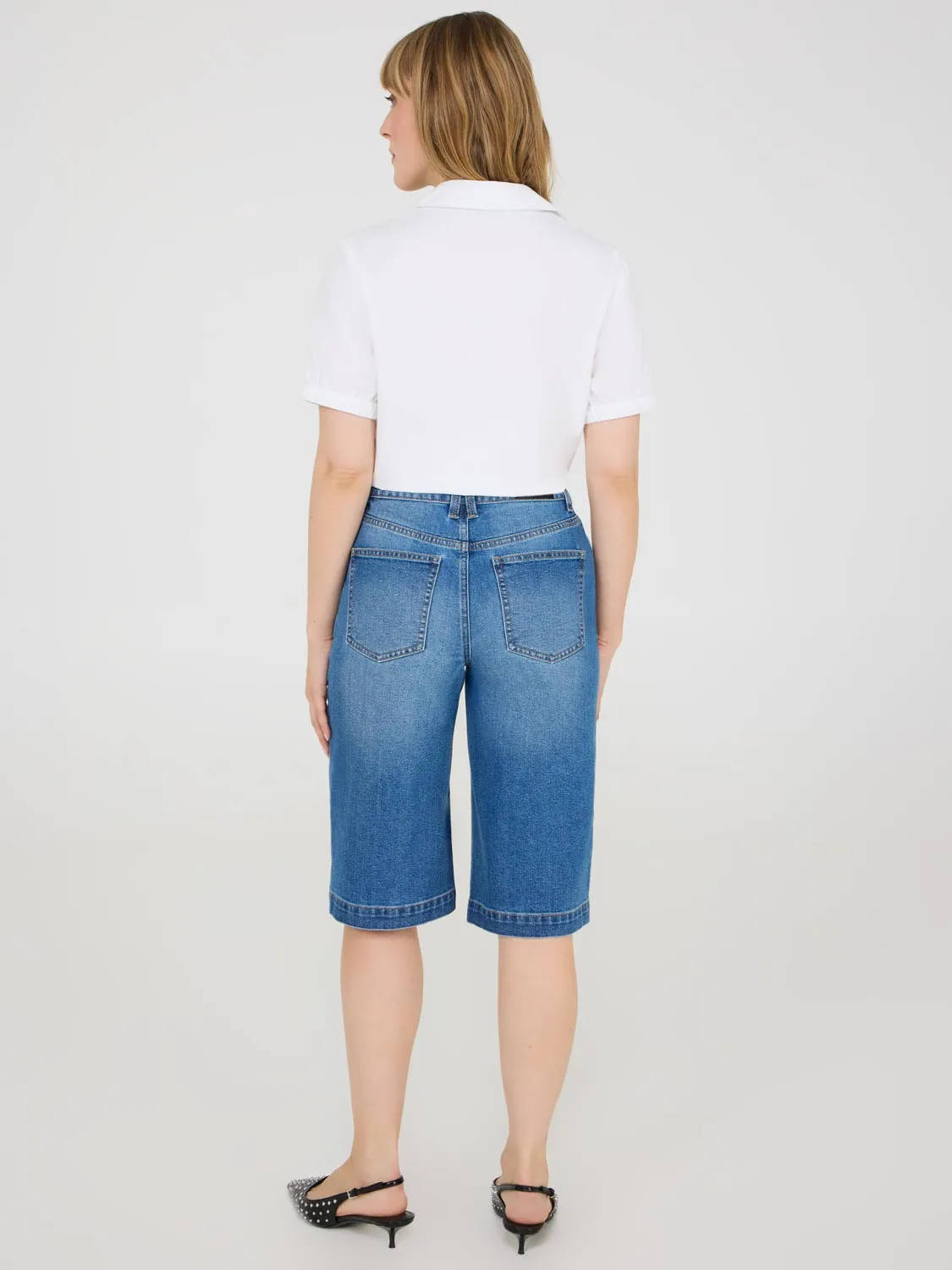 Wide-Leg Denim Bermuda Shorts soft comfort