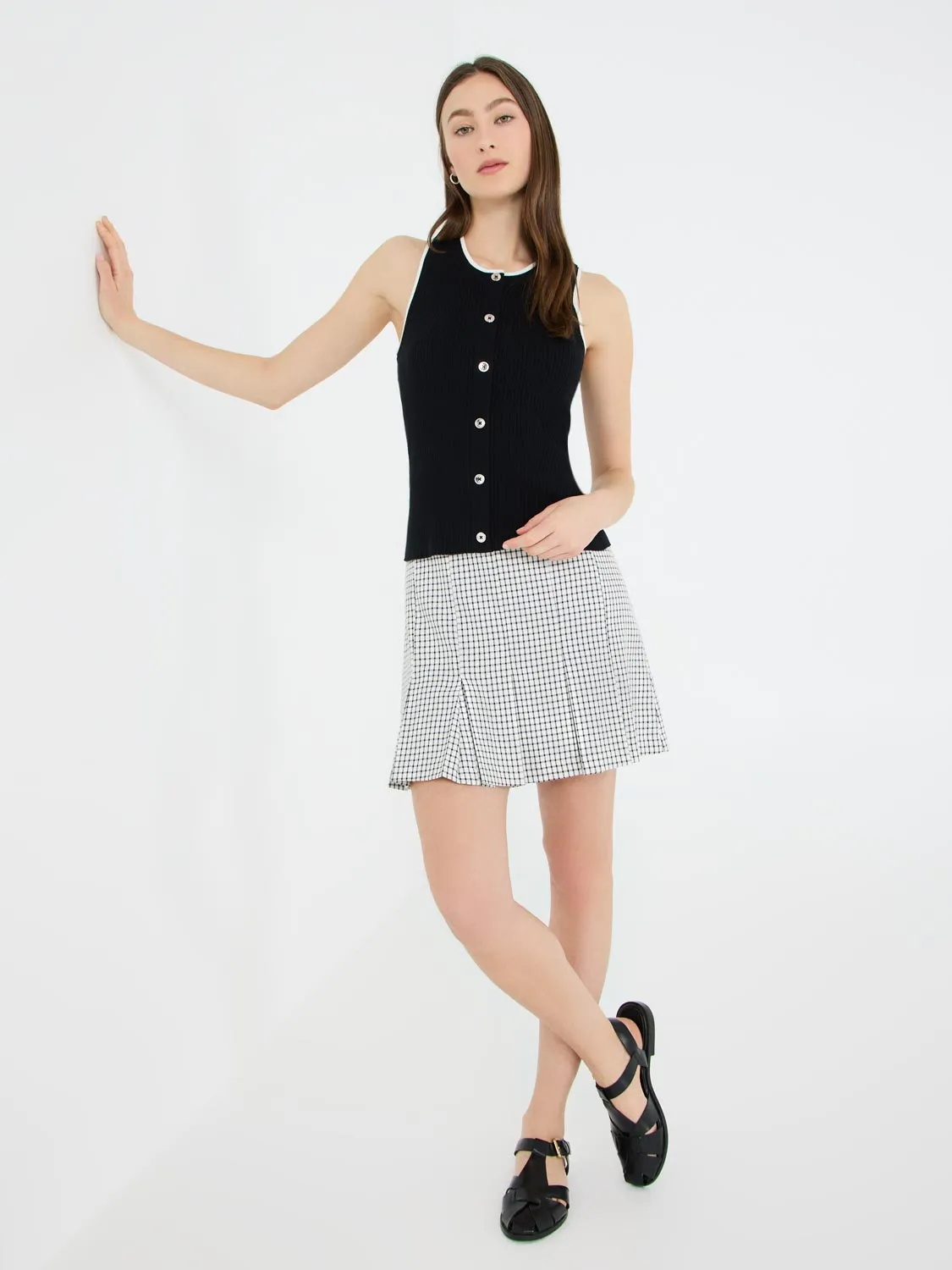 Windowpane Pleated Mini Skirt soft fine