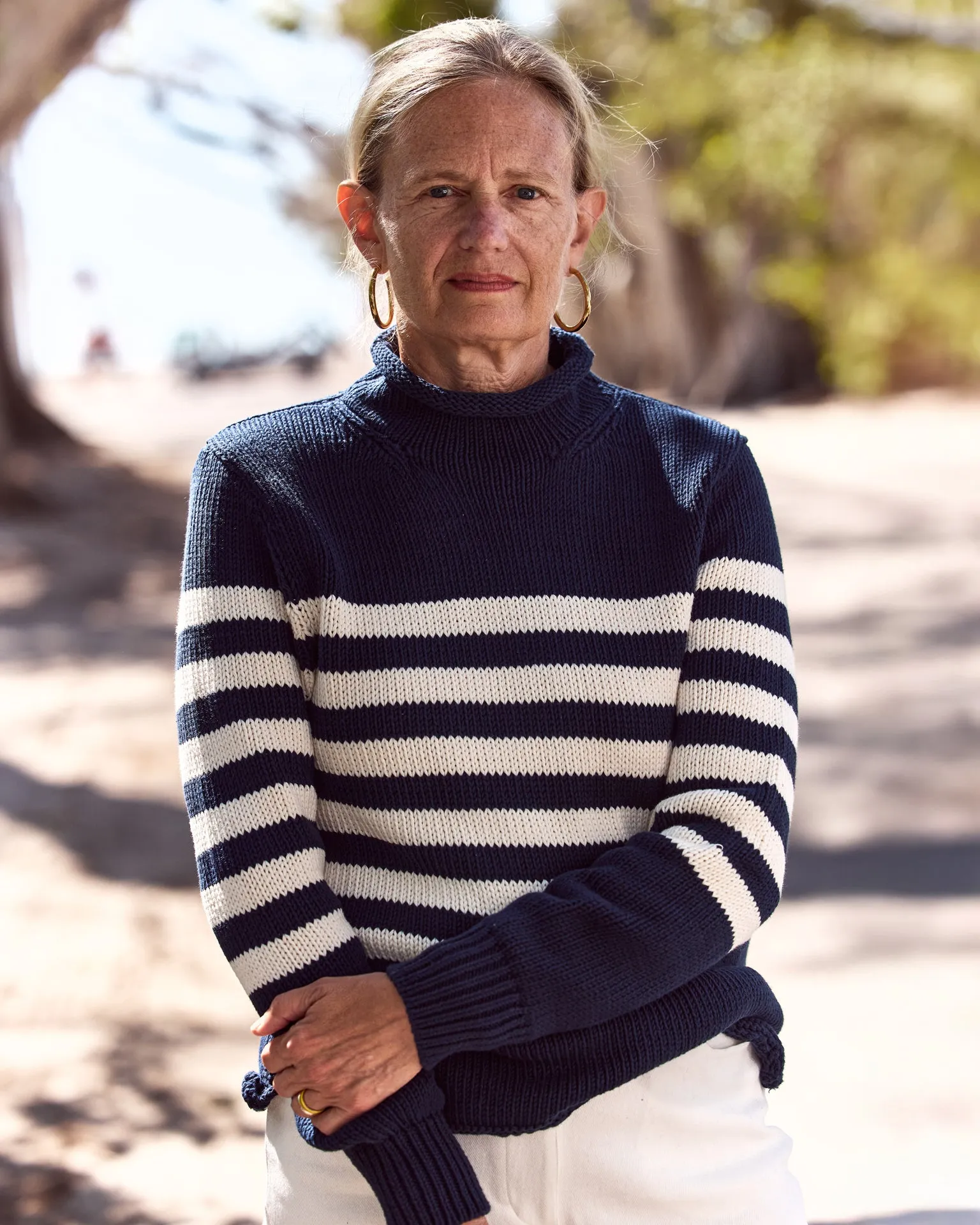 Women's Fisherman's Sweater in Navy/Egret Breton Stripe timeless tone