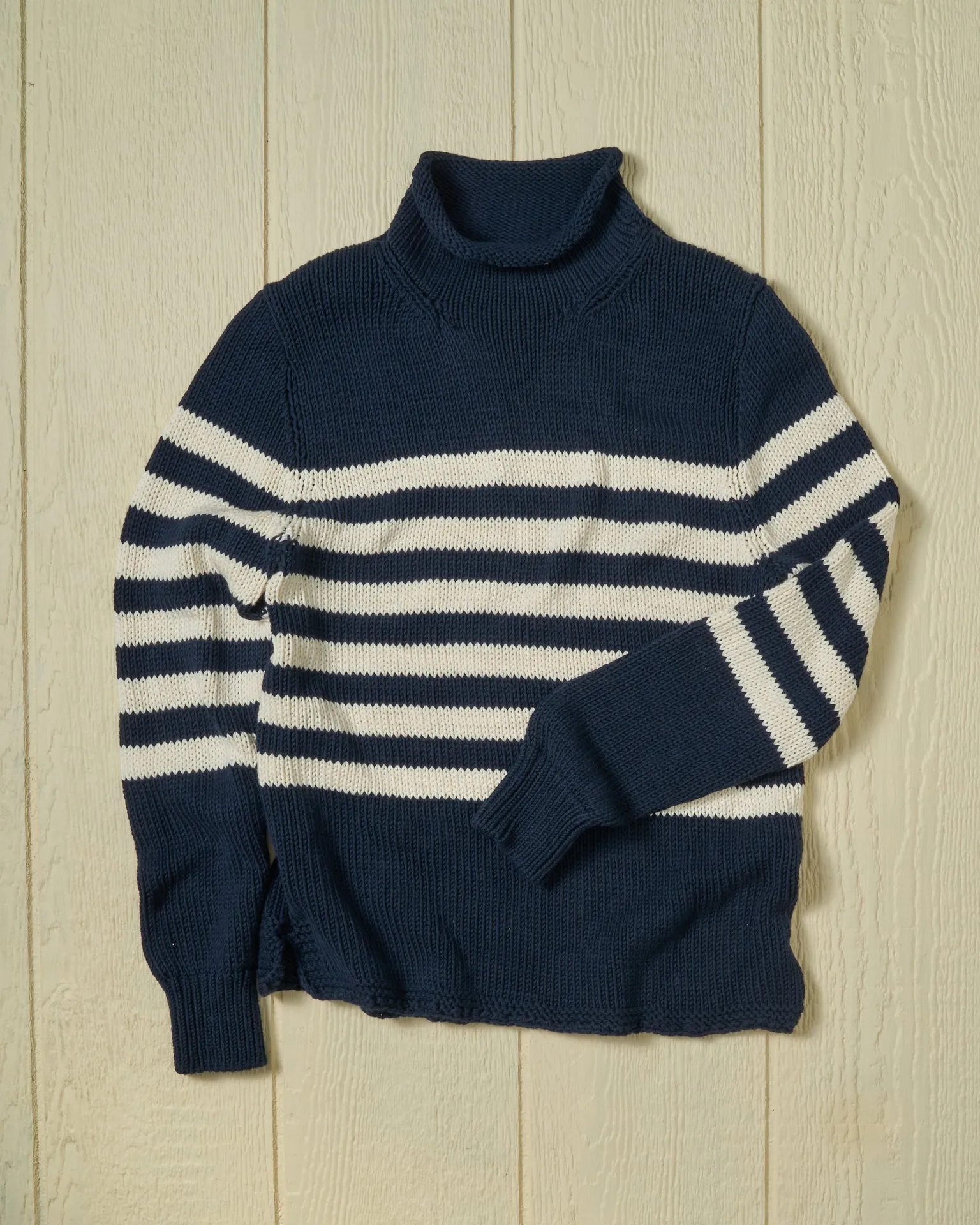 Women's Fisherman's Sweater in Navy/Egret Breton Stripe cabin mood