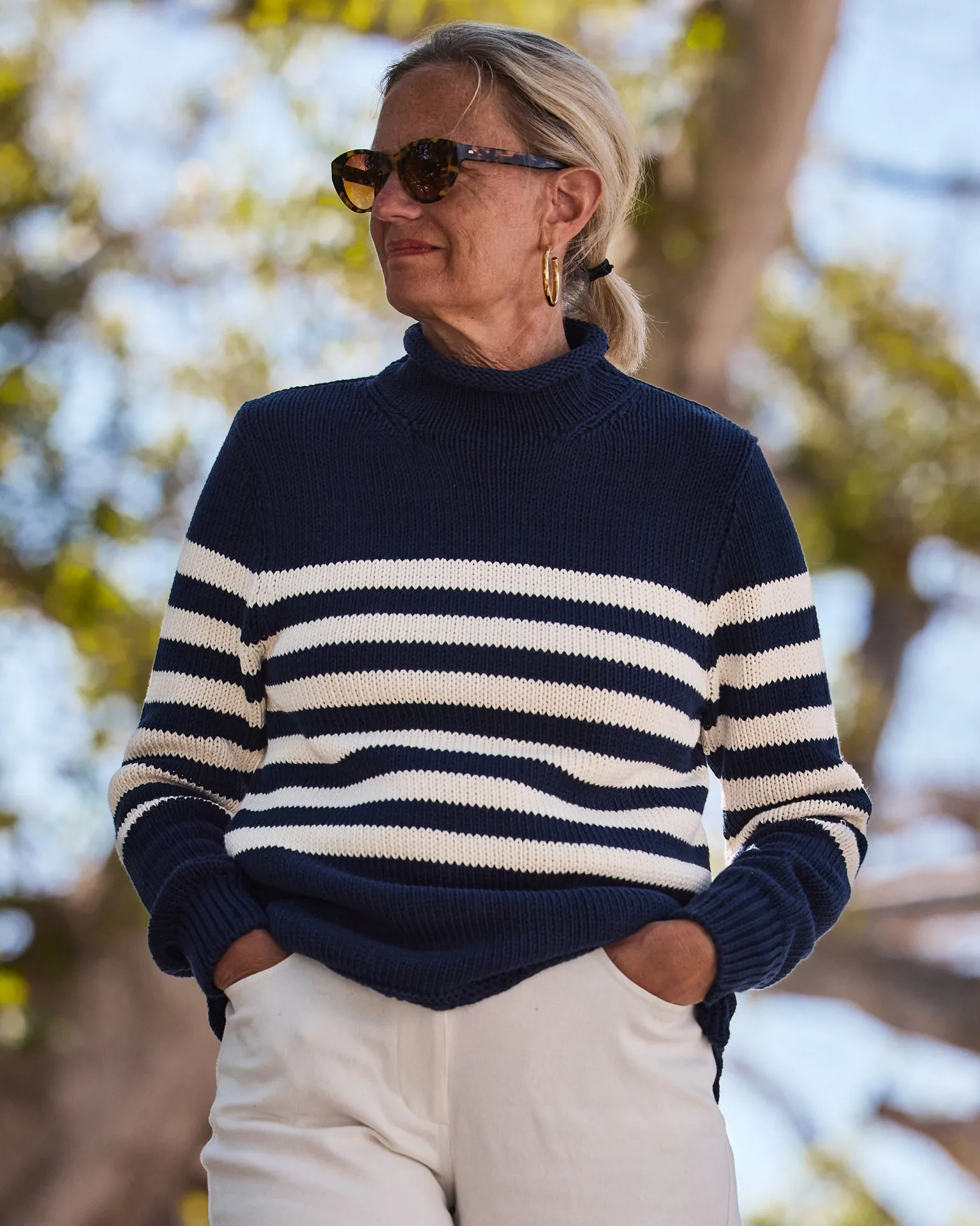 Women's Fisherman's Sweater in Navy/Egret Breton Stripe layering piece