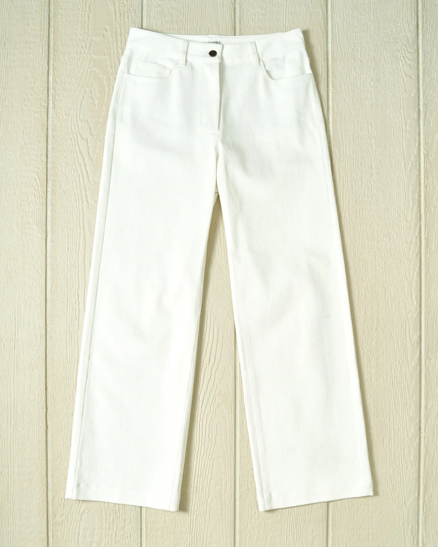 Women's Five Pocket Jean in White Denim decorative buttons