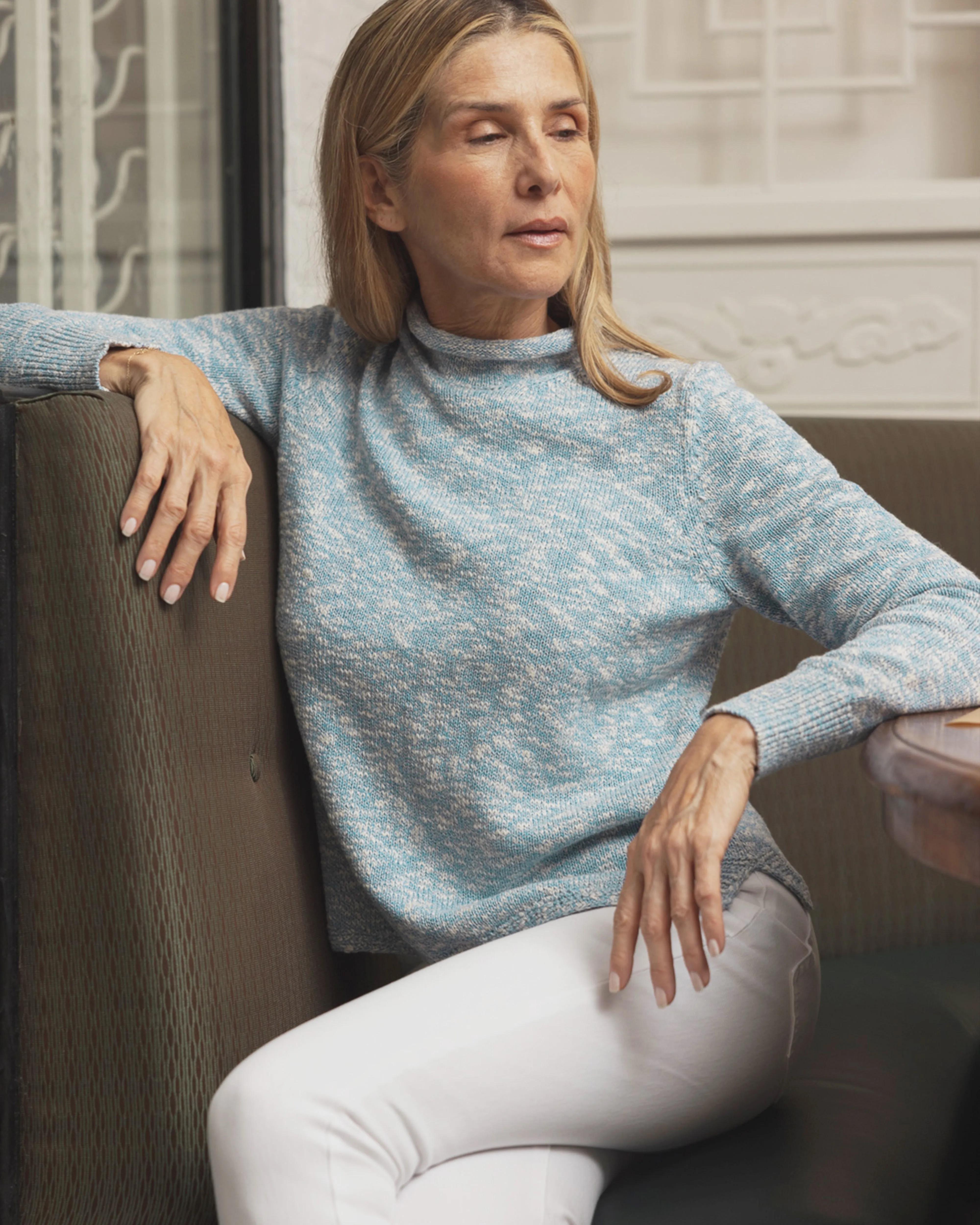 Women's Homespun Fisherman's Sweater in Coastal Blue Marl/Natural mood wear