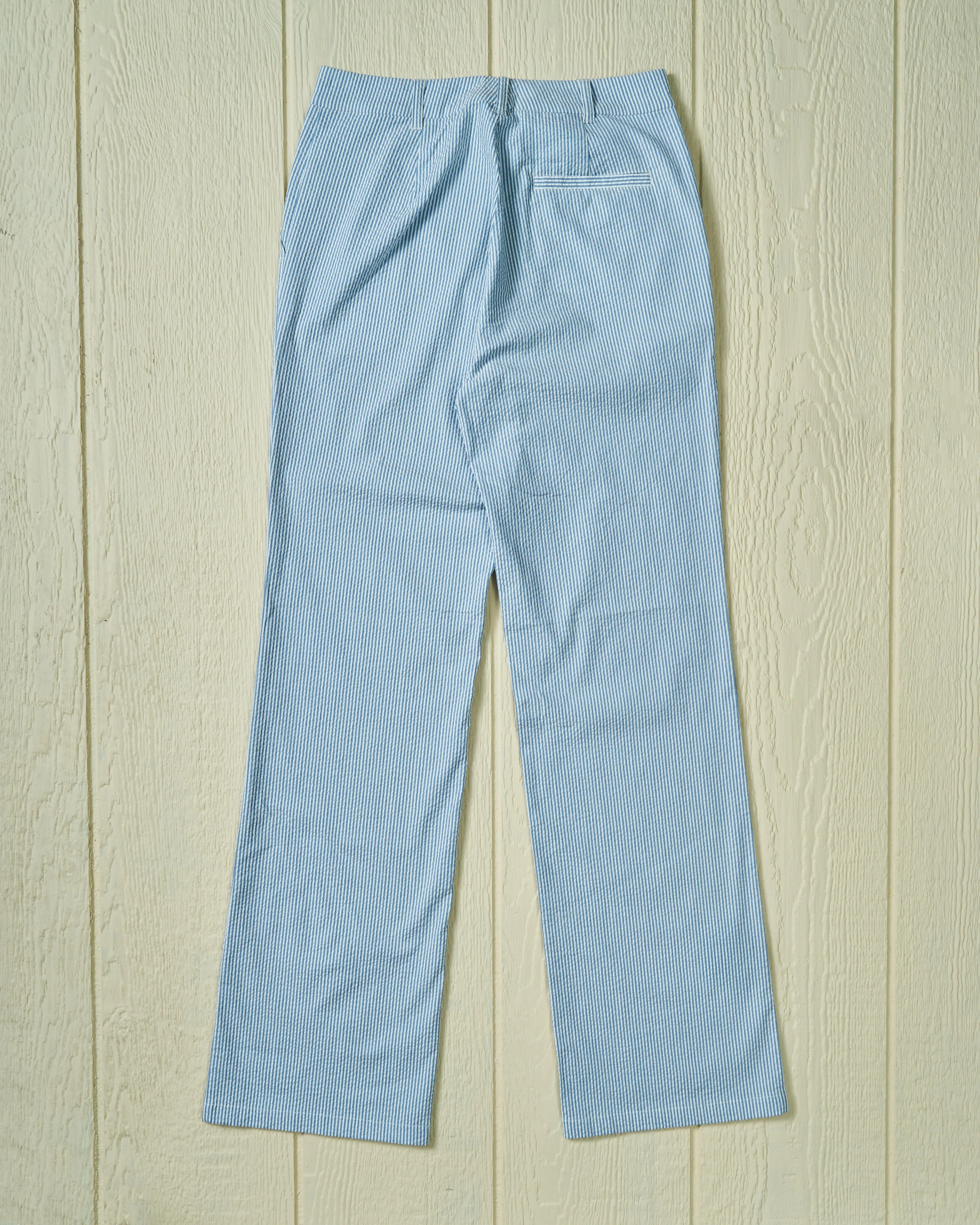 Women's Relaxed Pant in Blue Seersucker handmade details