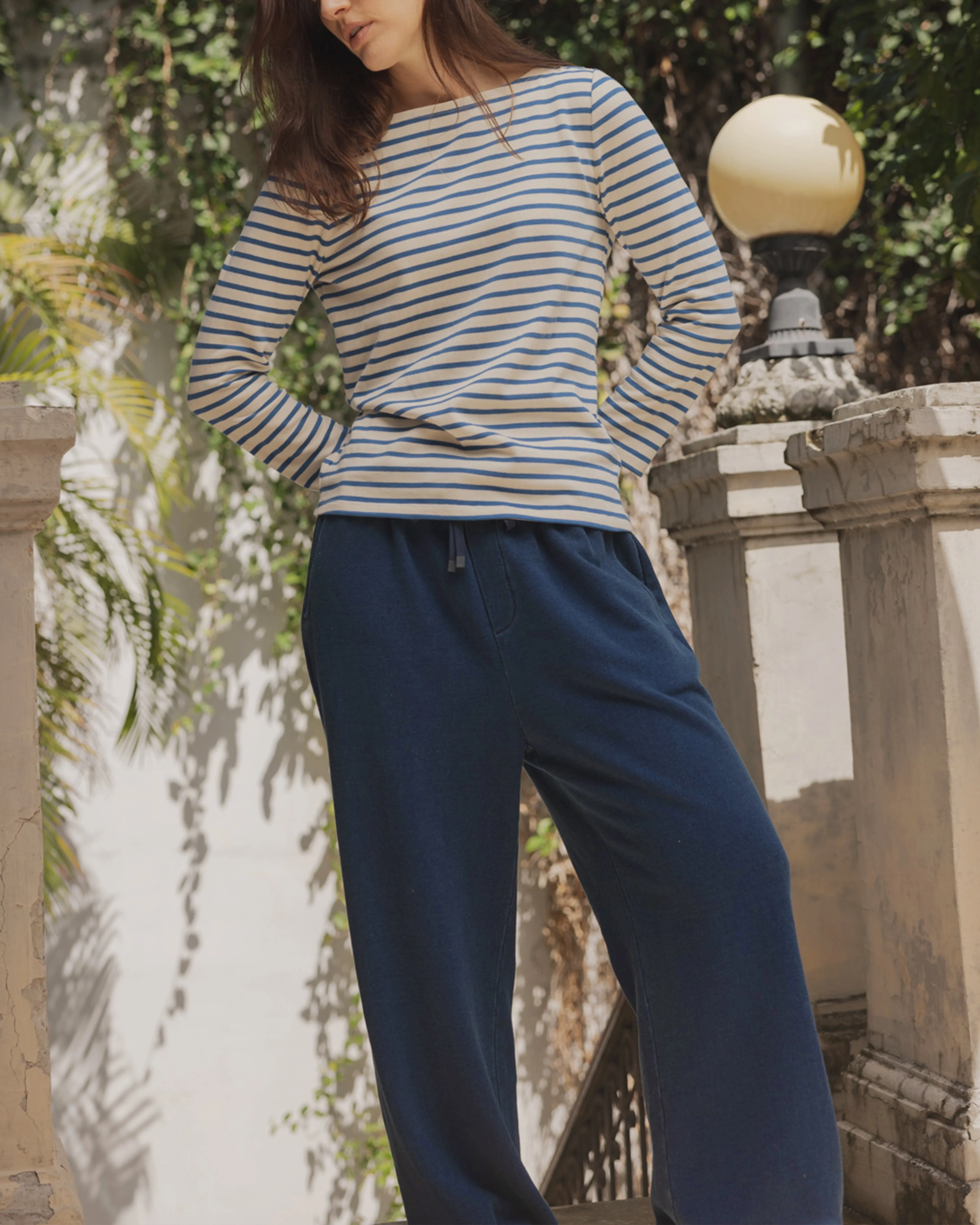 Womens Wide Leg Monterey Pant in Dark Wash Indigo Loopback Terry cold protection