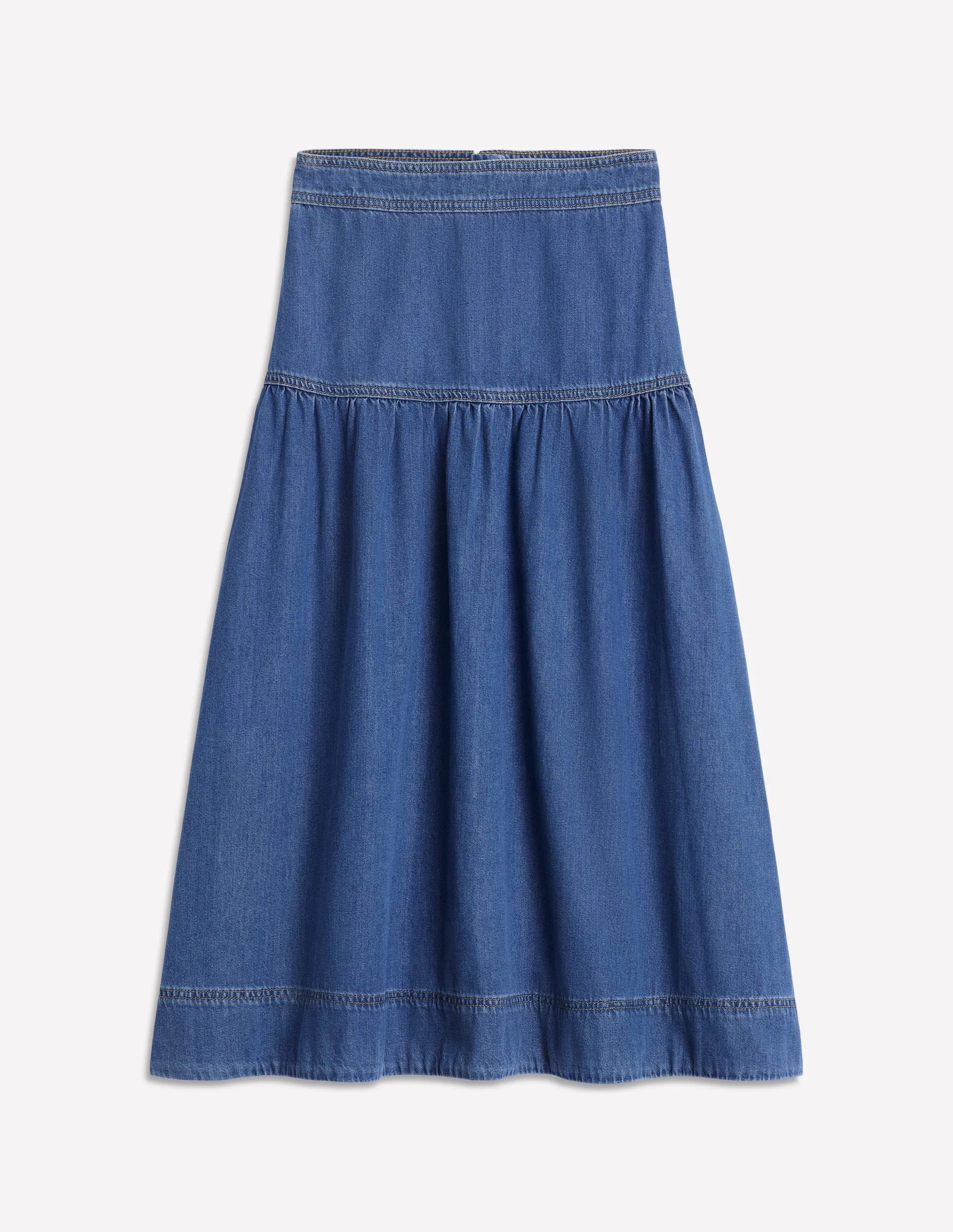 Yoke Detail Denim Midi Skirt-Mid Vintage light flow