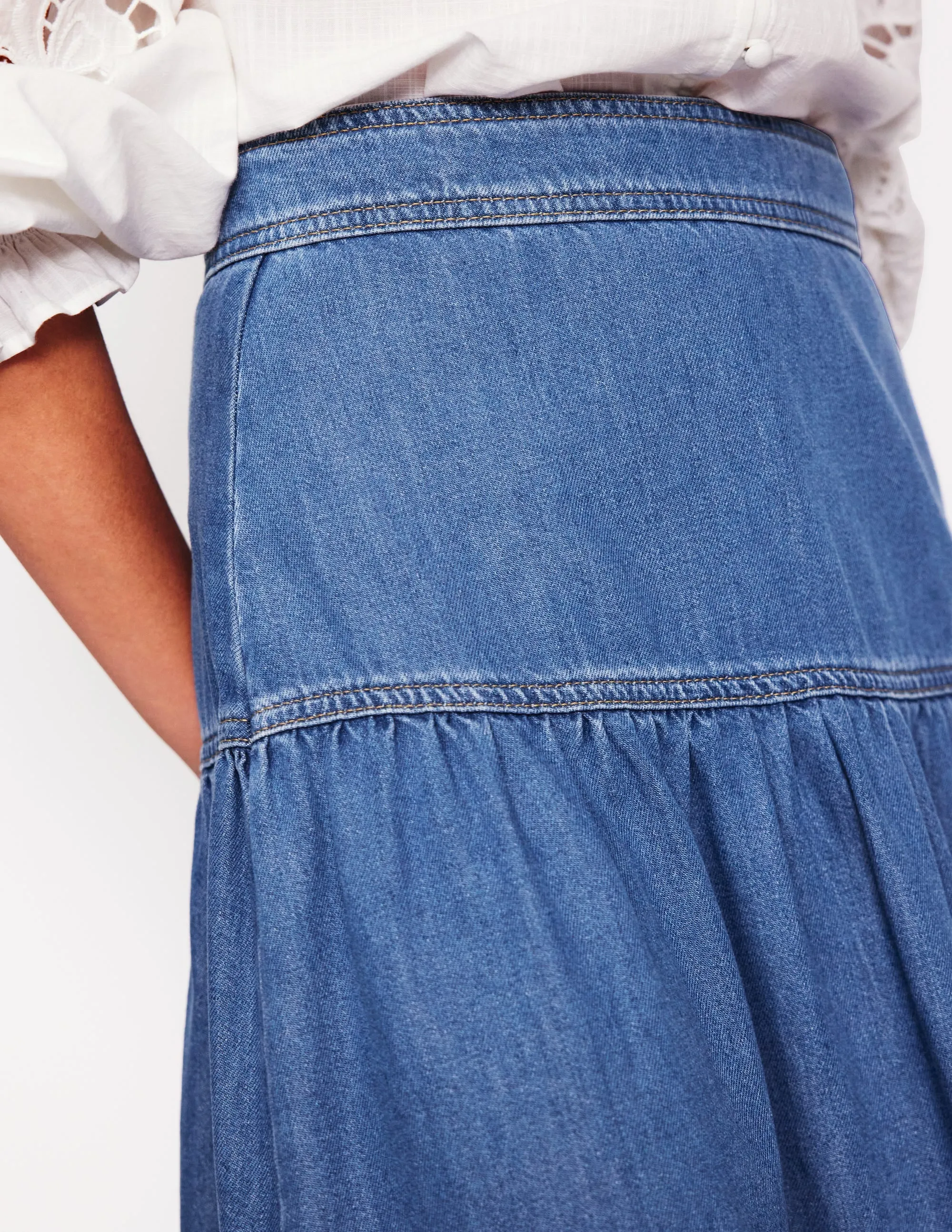 Yoke Detail Denim Midi Skirt-Mid Vintage spring must