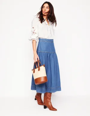 Yoke Detail Denim Midi Skirt-Mid Vintage summer airy