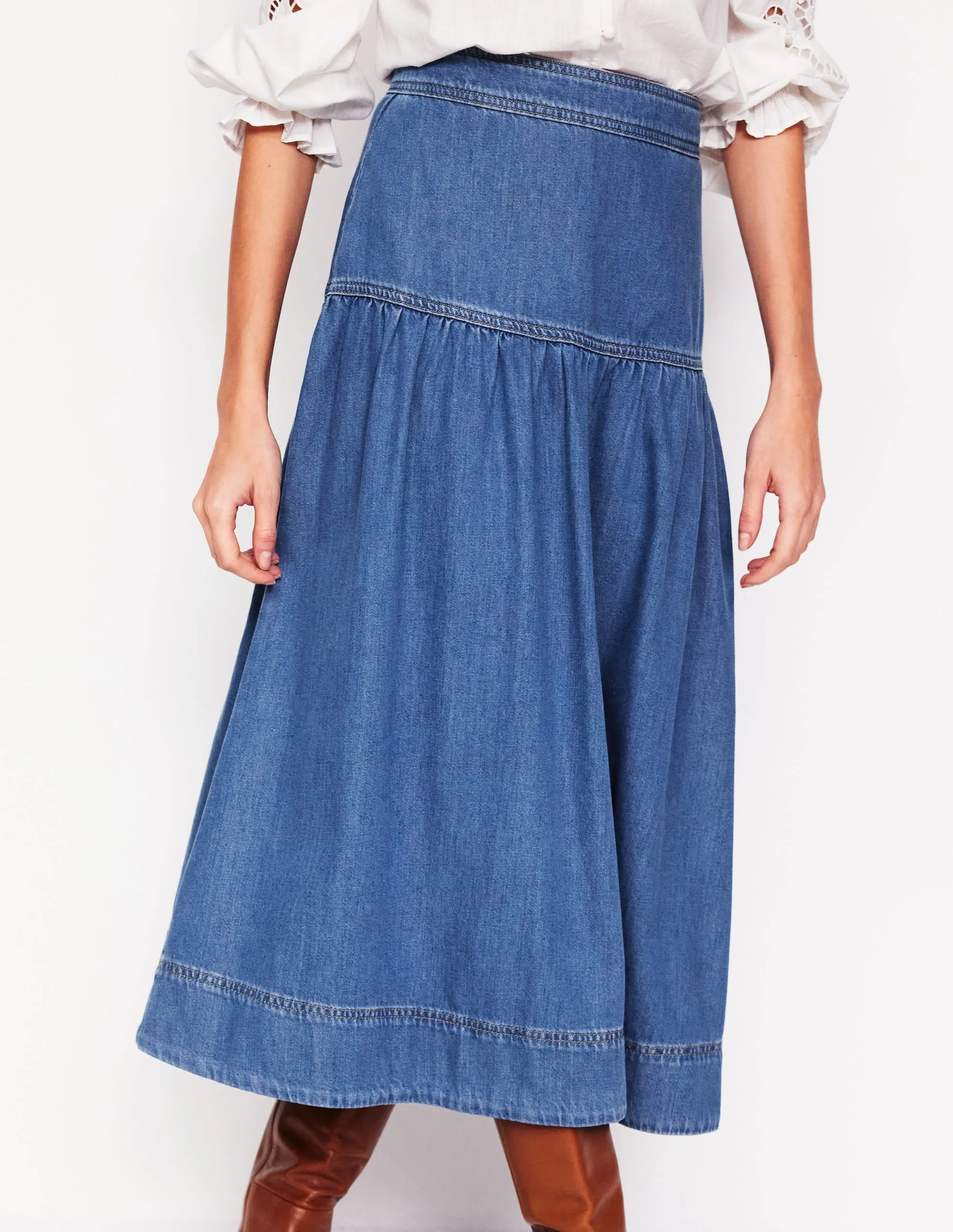 Yoke Detail Denim Midi Skirt-Mid Vintage wrinkle free