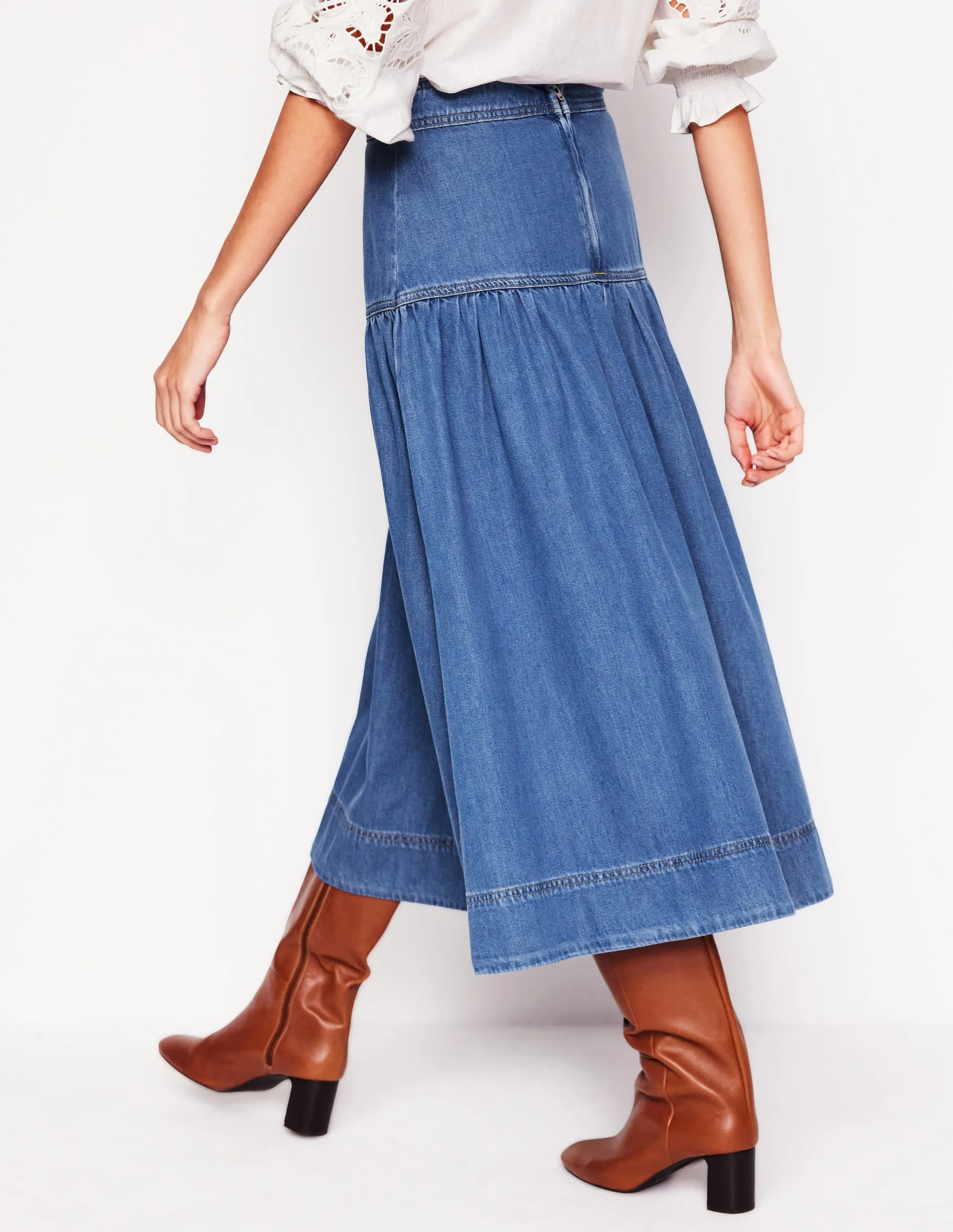 Yoke Detail Denim Midi Skirt-Mid Vintage tailored cut